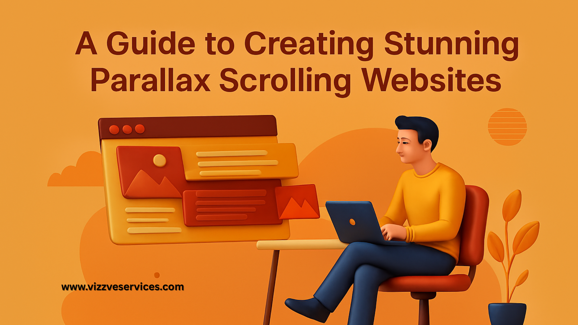 Illustration of a designer working on a parallax scrolling website layout with layered content blocks and modern UI elements
